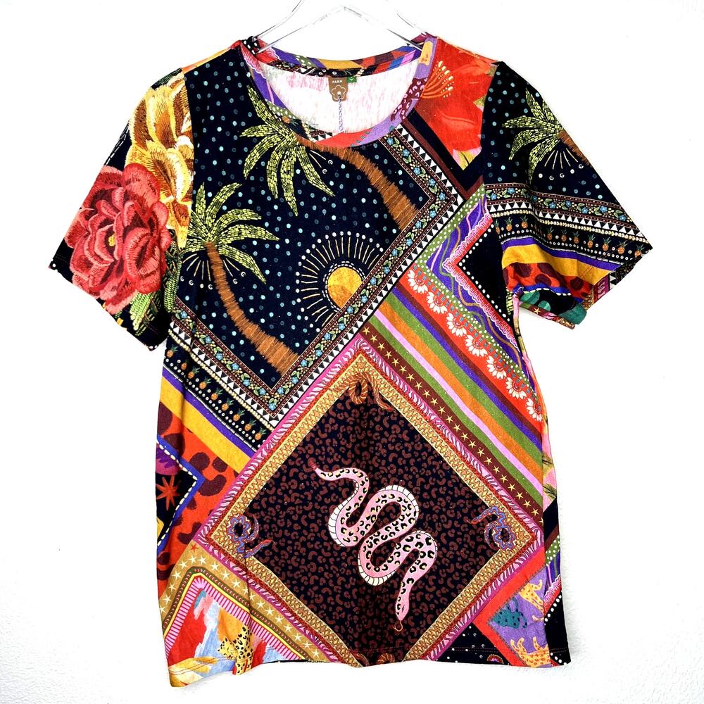 FARM RIO Printed Short Sleeve T-Shirt Tee Cotton Linen Multicolor Floral Palm